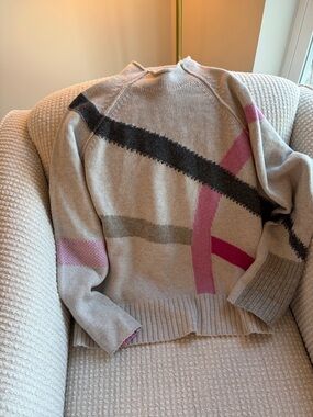 Zaket & plover Womens Neutral Sweater with Pink and Black Graphic Stripes